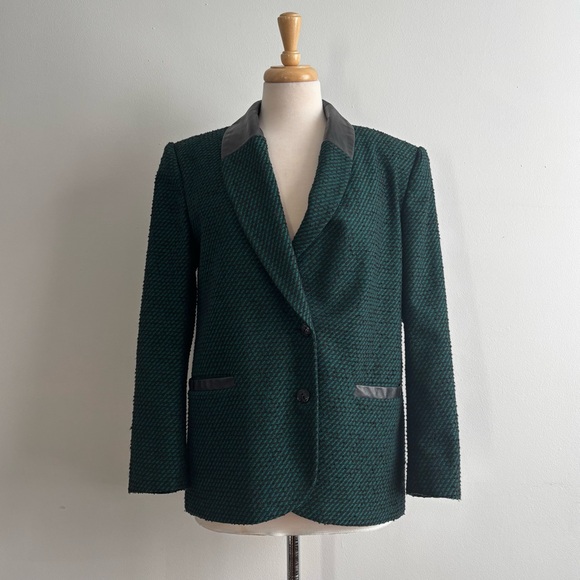 Vintage Jackets & Blazers - Vintage 80s Emerald Green & Black Bouclé Blazer with Leather Trim M/L